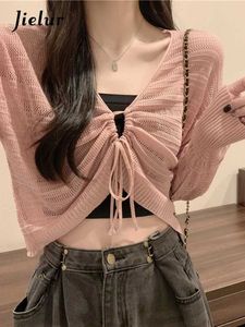 Kvinnors stickor Tees Jielur Autumns New Solid Color Ultra-Thin Cardigan Womens Sweet Womens Hollow Cardigan Pink White Green Black Sticked Cardigan Womensl2405