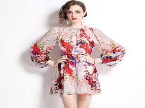 2022 Chiffon Runway Floral miniklänning Långärmad kvinnor Designer Summer Print Party Slim Aline Pleated Dresses Vacation Women CLO5690754