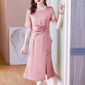 Party Dresses Summer Fashion Elegant Dress Women's Short Sleeve Ruched Beading Diamond Ruffles Mermaid Slit Midi Robe J193