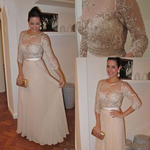 Perle lunghezza del pavimento perle in pizzo 3 4 maniche chiffon eleganti madre della sposa abiti gioiello vestiti da ballo vintage 244s 244s