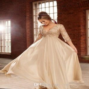 Elegant 3 4 Long Sleeve Lace Prom Dresses Champagne Chiffon A-Line Party Dresses Beads Crystal Empire evening gowns Lady Evening Wear 241w