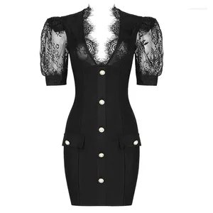 Partykleider Frauen Kleid Spitze Verband elegant sexy schöne Frühlings Sommer Schwarze Bodycon Kurzarm Damen Kleidung