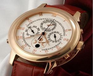 Berühmte brandneue Luxus -Männer Automatische mechanische Schweizer Roségold 18k Himmel Mond Phase Watch Brown echtes Leder Casual Men039S2195794