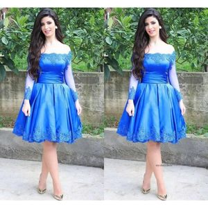 Royal Blue Short Homecoming Dresses Long Sleau Bateau Neck Party Dress Off the Shoulder Kne Length Prom Bowns With Lace P39 0510