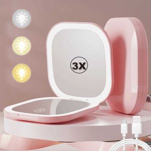 Compact Mirrors LED makeup mirror with light 1X/3X enlarged pocket portable travel folding womens gift Q240509