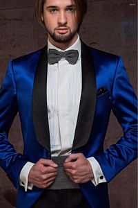 Herrenanzüge Royal Blue Satin Männer Anzug Schal Revers Prom Tuxedo Slim Fit 2 -teils Custom Bräutigam Blazer Set Hochzeit für Terno Maskulino