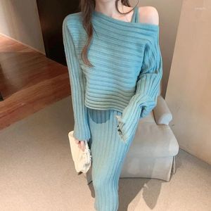 Work Dresses Knitted Suspender Dress Suit 2024 Autumn And Winter Women's Korean Temperament Pullover Fashion Two-piece