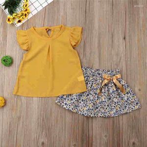 Giyim setleri 1-5 yıllık bebek kızlar yaz kıyafetleri sarı uçan kol o boyun şifon üstleri çiçek bowknot tutu etek bebek kıyafetleri