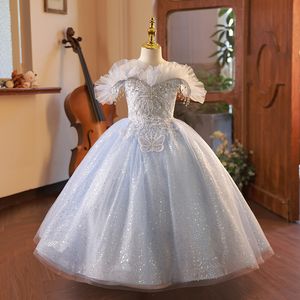 2024 blue Lace Flower Girl Dresses For Wedding 3D crystals beaded Floral Appliques Ball Gown Toddler Pageant Gowns Flowers Floor Length First holy Communion Dress