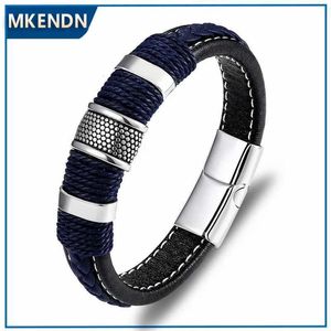 Braccialetti Charm Mkendn Punk Multilayer Braccia vera Bracciale in pelle blu Bracciale inossidabile in acciaio inossidabile Bracciale Magnetica Bracciale Homme Pulseras Y240510