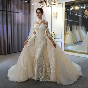 Long Sleeves Mermaid Wedding Dresses With Detachable Train Vintage HIgh Neck Plus Size Muslim Bridal Gown Real Pictures BC5010