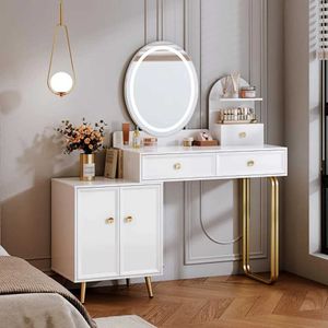 Kompakta speglar White Modern toalettbord utdragbar smink med LDE -spegel och 2 rymdlådor Skåp Q240509