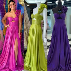 Ruffle One-Shoulder Prom Queen Dress Lime Metallic Chiffon Maxi Pageant Winter Formal Evening Cocktail Party Runway Black-Tie Gala Oscar Cut-Out Slits Fuchsia Green