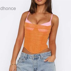 XY24178 Summer 2024 New Fashion Top Style Mesh splicked Fish Bone Weist Strap Tank for Women