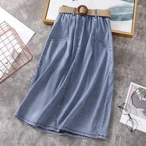 Skirts Soft Belt Ice Silky Denim Woman High Waist Patchwork Classic A Line Loose Casual Pockte Skirt Female OL Knee Length Mujer