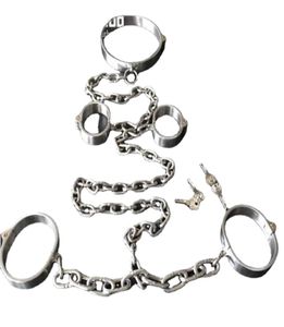 Bondage Collar Wrist Ankle Cuffs Siamese Stainless Steel Heavy Duty Chains Harness Bondage Gear Adult Slave BDSM Set8847960