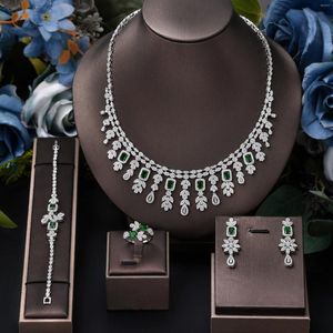 Necklace Earrings Set Green Cubic Zirconia Dangle Earring 4-piece Jewelry For Women Luxury UAE Dubai Wedding Bridal Brides