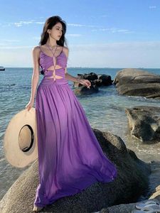 Casual Dresses Summer Purple Elegant Romantic Halter Bandage Pleated Dress Sexig Club Hollow Out Backless Slip for Women Vestidos