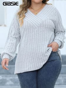 GIBSIE Plus Size Long Sleeve T Shirts for Women Spring Fall Fashion V Neck Solid Ribbed Knit Casual Tee Tops Female 2023 Clothes 240426