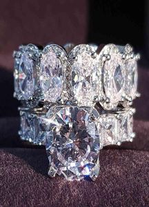 Luxo Real 925 Sterling Silver Oval Princesa Corte Anel de casamento Conjunto para mulheres Banda de engajamento Eternity Jóias Zirconia R49758878148
