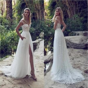 Nowe sukienki ślubne A-Line Illusion Off Rame Sweet Train Backless Garden Beach Suknie ślubne koronkowe aplikacje Vestidos de Novia 271t