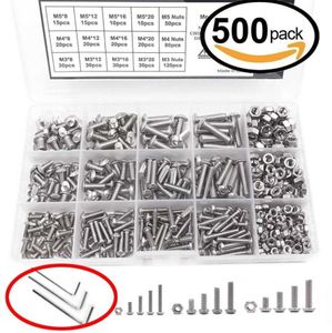 Alta qualidade 500 pcs m3 m4 m5 botão de aço inoxidável cabeçote de cabeça hexágica para parafusos de parafusos de tampa da cabeça e kit de porca com chaveiro34479997