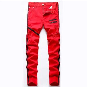Herren Jeans High Street Herren Straight Loch zerrissene Jeans Distelte Denimhose Mode Hip-Hop Reißverschluss Designerin weiß rote Baumwolle Q240509
