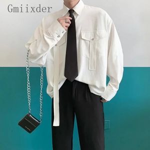 Gmiixder Cargo Long-sleeve Shirt with Tie Mens Oversize Kpop Shirt Korean Streetwear Versatile Motorcycle Pocket Streamers Coat 240506