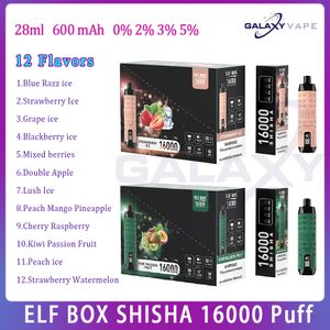 Original Elf Box Shisha 16000 Puff Disposable E Cigaretter 28 ml POD 12 Flavors 0% 2% 3% 5% Level 600 mAh Batteris Puffs 16K Vape Pen Kit