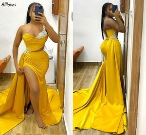 أصفر Aso ebi Long Mermaid Prom Virts Elegant Satin Lace Women Women Ordics with Overkirts Sexy Hoit split Second Treeperix Dress Cl3558