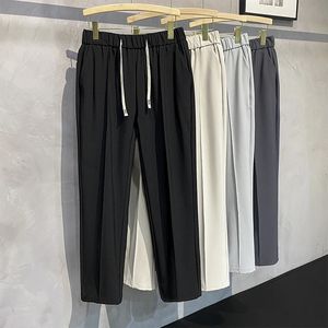 Осенние мужские модные бизнес -брюки с прямыми твердыми эластичными талиями лодыжки брюки с брендом чернокожие бренды хаки 240425