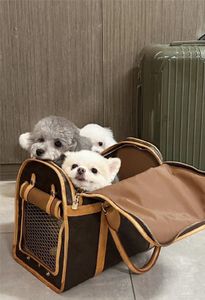 Designer Pet Carrier Bags Brown Leather Classic Logo Pet Outgoing Bag Teddy Aviation Bag Web Window Handles 2 sizes Luxury Pet Carrier