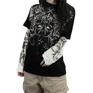 xingqingゴシックトップス女性ヴィンテージグラフィックプリントパッチワーク長袖Tシャツy2kダークアカデミア美学服ストリートウェア240510