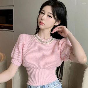 Женские футболки в корейском стиле розовый пухлый рукав вязаный шорт-топ Женщины весна лето