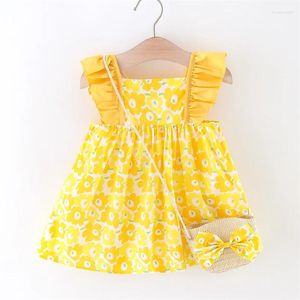 Vestidos de menina bolsa de vestido de meninas 2/peça de verão desenho animado pequeno impressão de flor pequena versão coreana de mangas voadoras fofas