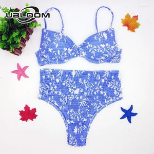 Frauen Badebekleidung sexy unterdrückte Push -up Bikini Set Ruched Bandeau Bikinis Frauen Hochtülen Badeanzug Blumendruck Strandkleidung