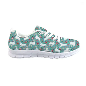 Casual Shoes Women Spring Flats With Cute White Dogs And Flowers Print Sneakers Girls Mesh Footwear Custom Lace-Up 2024Arrival