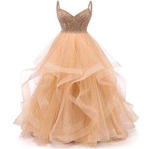 Tulle Crystal Beaded Prom Dresses Tiered Formal Evening Dresses Spaghetti Strap Ball Gown 227y