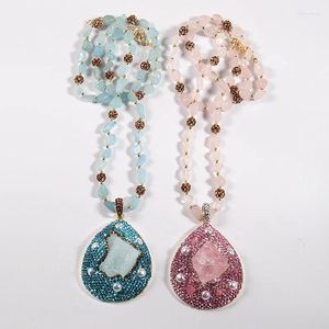 Naszyjniki wiszące moda czeska biżuteria niebieska/różowy kamień turmalinowy i kryształowy pół cenny kropla dla kobiet