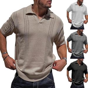 Herrpolos vintage män polo skjorta fast stickning casual lapel pullover stickad t-shirt sommar mode manlig kort ärm tee smal