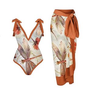 Kvinnors badkläder 2023 Ny One Piece Swimsuit Chiffon Lång kjol Tryckt Slimming och mage som täcker varm källsemester Tvåbit Set Sexig baddräkt för kvinnor