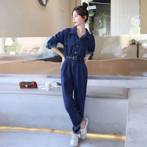 Women's Jumpsuits Rompers Solid Jumpsuits Women Long Slves Polo-neck Loose Harajuku Straight Pants Casual Denim Workwear Korean Style Vintage Playsuits Y240510