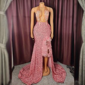 Pink Prom Kleider für besondere Anlässe Promdress Illusion Federed Perlen Pailletten Spitzen Split Birthday Party Kleid zweite Empfangskleider für schwarze Frauen Am875