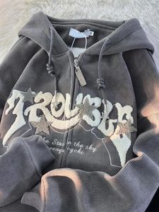 Kvinnors jackor volalo kvinnor brev broderi hoodies höst vinter vintage blixtlås långärmad överdimensionerad jacka harajuku huva