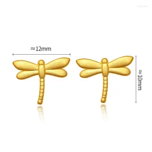 Stud Earrings Pure 24K Yellow Gold Women 999 3D Dragonfly