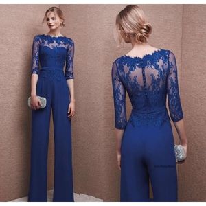 Blue Chiffon Pant Suits Lace Lady Jumpsuit 3/4 Long Sleeve Mother Of The Bride Formal Evening Party Dresses 0510