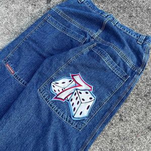 Jeans masculino JNCO 7 calça jeans bordadas calça de perna larga Correia solta Roupa de rua Y2K Roupa Retro Graphic Impresso Pocket Mens High Waist Q240509