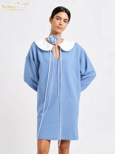 Sıradan Elbiseler Clacive gevşek mavi kadın elbise 2024 moda bebek yakalı uzun kollu mini zarif klasik bağcıklı kadın
