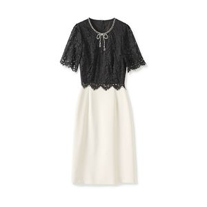 Summer Black Contrast Color Panelled Dress Short Sleeve Round Neck Lace Rhinestone Knee-Length Casual Dresses W4M065601