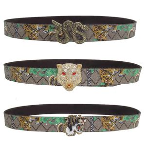 Western Print Leather Tiger Rhinestone Dragons Snake Alloy Buckle Men Jeans Causal Pants Belt 182L